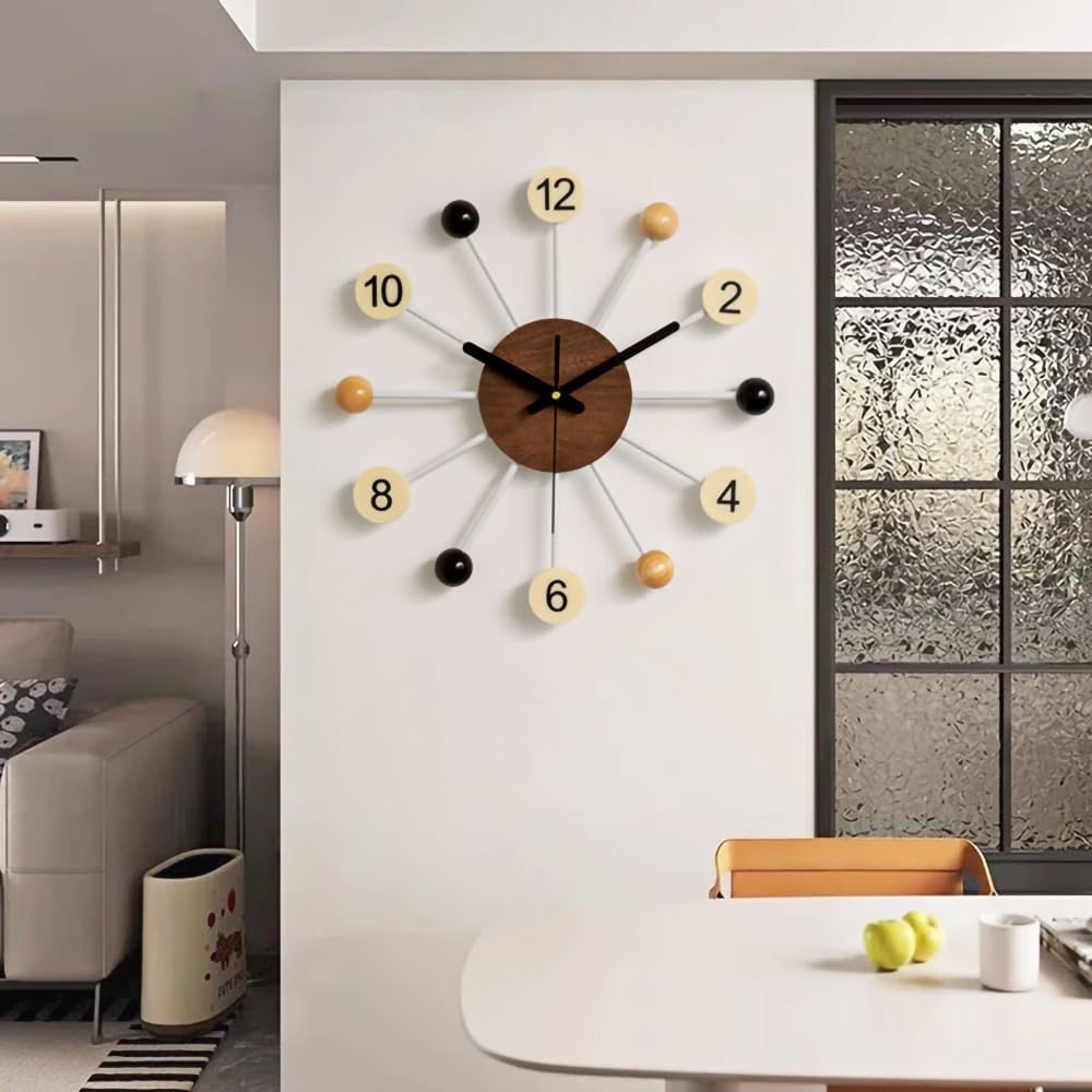 Big Wall Clock Mid Century Modern Silent Non Ticking 16 Inch Vintage Decorative Wood Ball Quartz Clocks for Living Room Office Kitchen