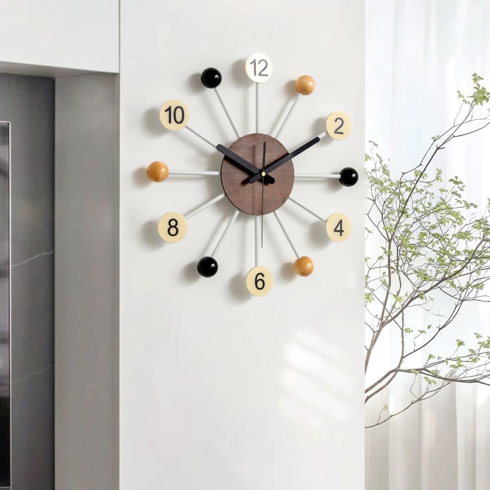 Big Wall Clock Mid Century Modern Silent Non Ticking 16 Inch Vintage Decorative Wood Ball Quartz Clocks for Living Room Office Kitchen