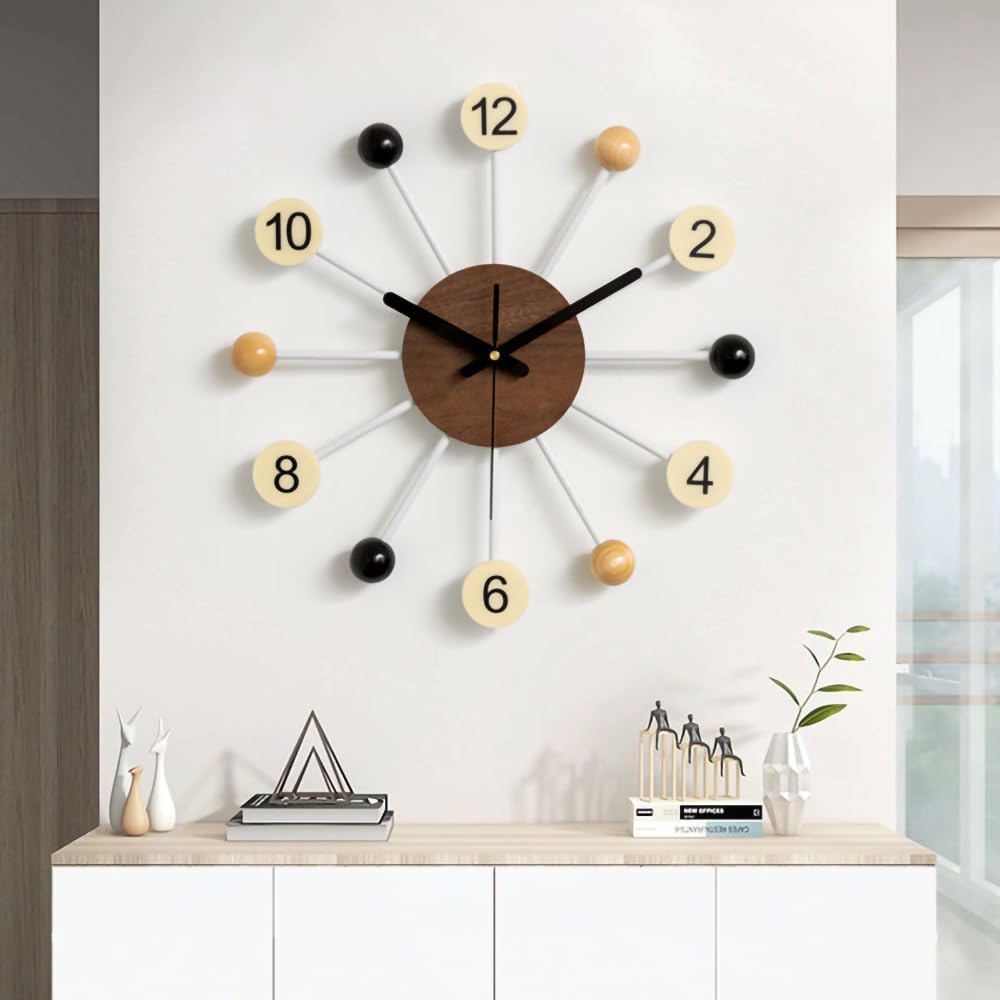 Big Wall Clock Mid Century Modern Silent Non Ticking 16 Inch Vintage Decorative Wood Ball Quartz Clocks for Living Room Office Kitchen